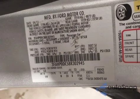 2011 Ford Fusion Sport from USA, damaged, VIN 3FAHP0DC5BR302945